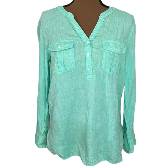 Talbots linen band collar popover cross dye bright green and yellow shirt size M - Picture 2 of 11